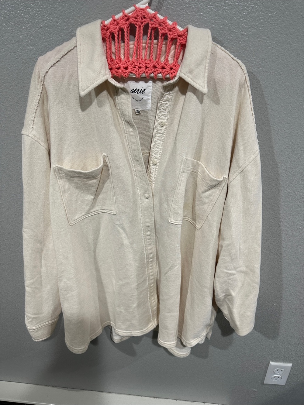 aerie Cream Long-Sleeve Casual Button-Down Shirt